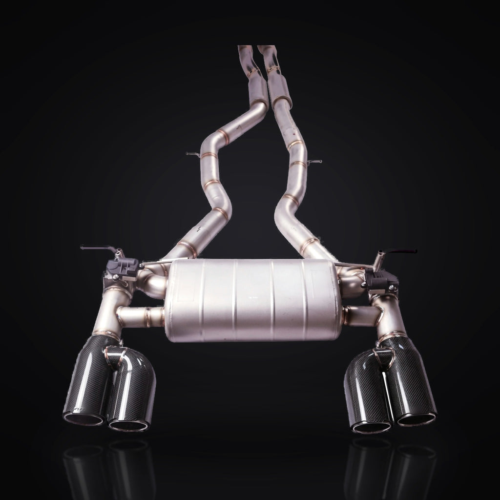 QHCE M3 / M4 F80 catback — quad carbon fiber tips